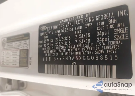 2016 Kia Sorento 3.3L Ex из США, поврежденный, VIN 5XYPHDA5XGG0638